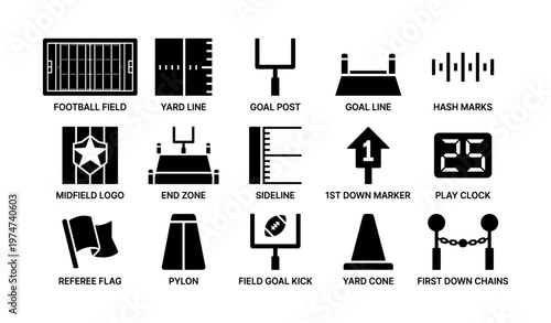 American football icons: field elements, yard markers, and game equipment