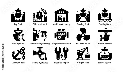 Icons depicting maritime services and repairs including dock types and mechanical maintenance