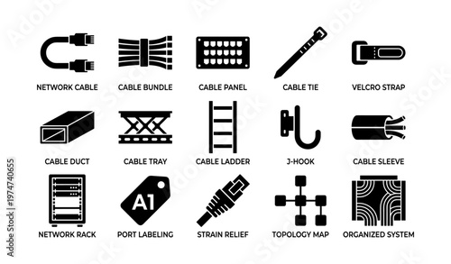 Network infrastructure tools and equipment icons set