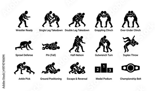 Illustrated wrestling moves and positions guide in silhouette