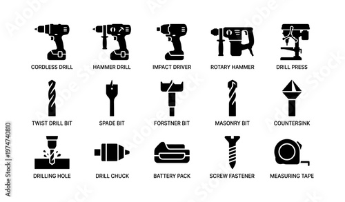 Various types of drills and drill bits icons with labels
