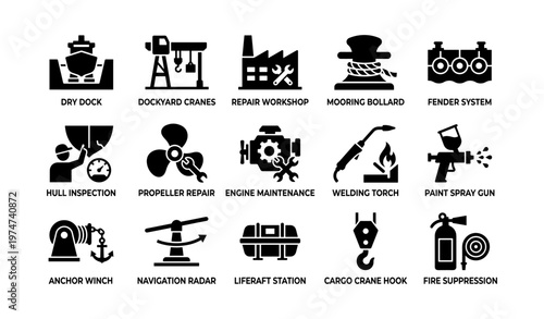 Maritime equipment icons: dry dock, cranes, engine repair, navigation radar, fire suppression