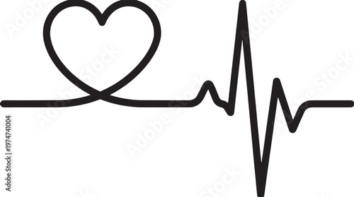 Heartbeat line art drawing in black and white. heart and electrocardiogram ekg. medical illustration representing love life health.