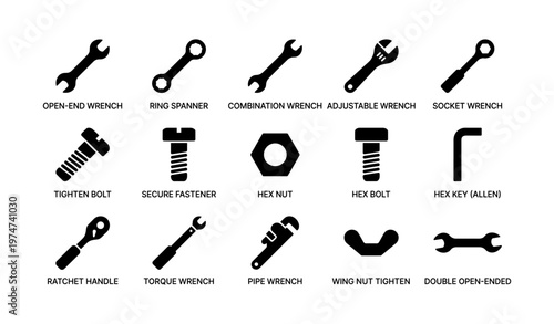 Set of diverse wrench and bolt icons featuring various tool types
