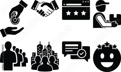 Icons for financial transactions customer feedback delivery services community building with chat bubble check mark smiley face customer satisfaction flat design donation handshake agreement