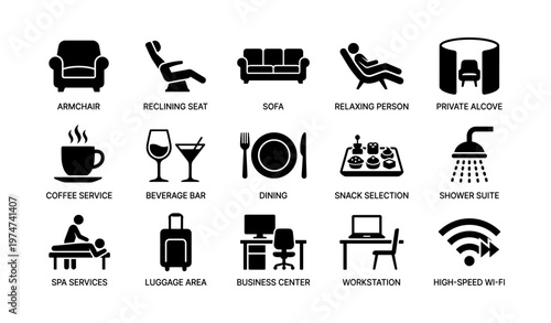 Icon collection: modern amenities and luxury services in black silhouette style