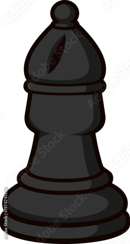 Black chess bishop illustration in clean flat vector style isolated on white background. Classic board game piece symbolizing strategy, diagonal movement and tactical thinking, perfect for apps