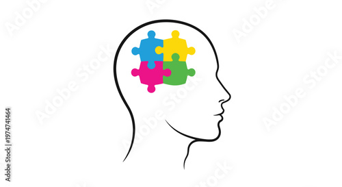 Human head silhouette with four colorful interlocking puzzle pieces inside representing logic and mental problem solving.
