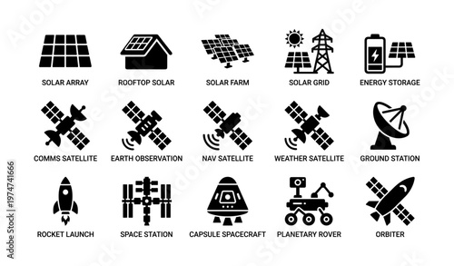 Solar and space technology icons: satellite, grid, energy, station, rocket