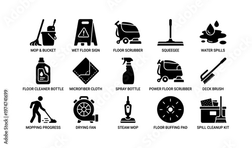 Cleaning equipment icons set: floor cleaning supplies and tools