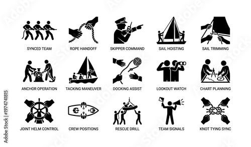 Nautical training icons illustrating sailing techniques and crew coordination