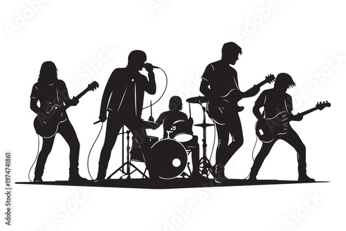 Rock band silhouette performing live on stage with crowd of fans.