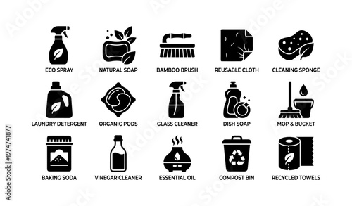 Eco-friendly cleaning products icons: detergent, organic, reusable, natural, compost