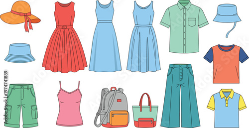 Women Summer Clothing Collection with Dresses Tops Shirts Hats Bags and Casual Outfits in Flat Style for Fashion Retail and Apparel Design