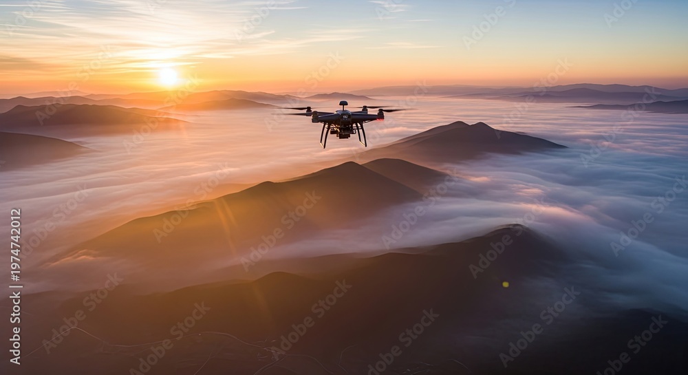 Fototapeta premium Drone flying over mountain range at sunset with vibrant orange sky