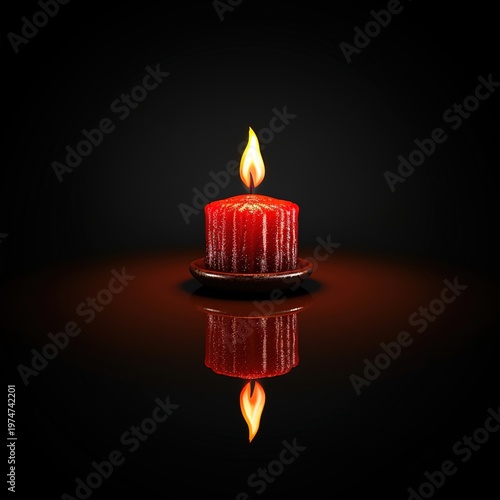 A red candle with a flame burning brightly on a dark background