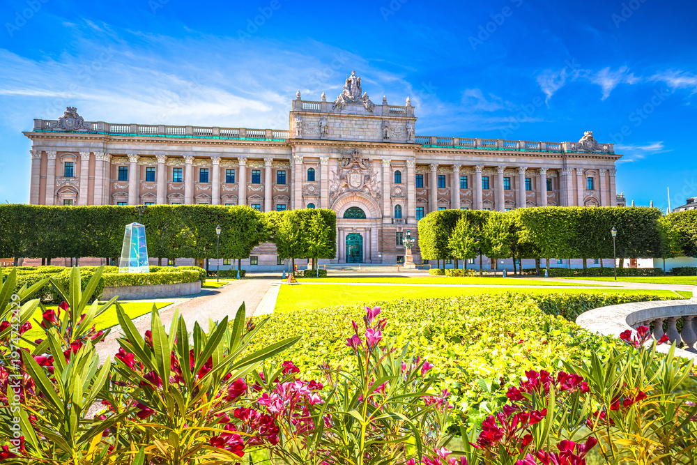 Fototapeta premium Stockholm, Sweden. Riksplan park and Swedish parliament The Riksdag house front facade view