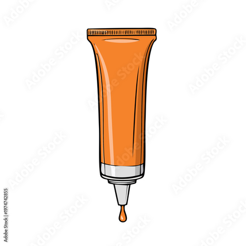 Orange cosmetic tube with a drop of liquid falling from the nozzle a simple illustration