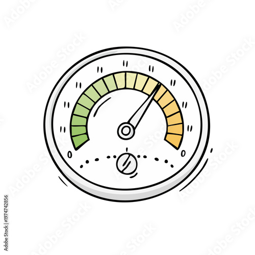 Hand drawn illustration of a circular gauge meter showing a moderate reading with green yellow and orange color segments