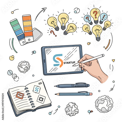 Startup brand identity design process including hand drawing on tablet with logo sketches and brainstorming lightbulbs plus color swatches and creative office tools.
