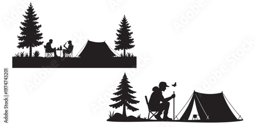 amping silhouettes with tent trees and people sitting on chairs in nature outdoor landscape, adventure travel concept, black minimal vector