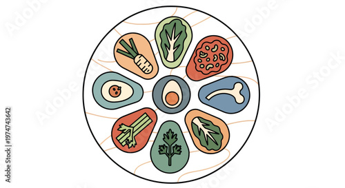 A minimalist line art of a round Seder plate with various symbolic food items arranged around a central egg