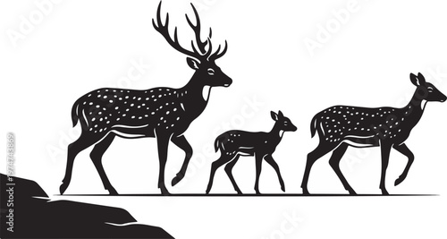 Silhouette of a deer family including a stag with big antlers, a doe, and a fawn walking in a line, concept of nature and family.