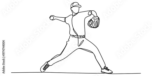 A single continuous line drawing of a baseball pitcher throwing a ball during a professional game