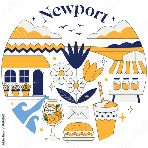 Newport Coastal Travel Illustration with Summer Icons - Modern Flat Vector Graphic featuring Beach Scenery, Food, Drinks, and Flowers for Tourism Souvenirs and Postcards