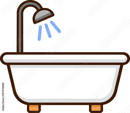 Foto Simple flat vector illustration of a bathtub with a shower head and running water