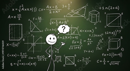 A cartoon character stands in front of a blackboard filled with complex mathematical equations and formulas.