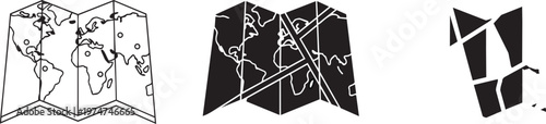 Black and white of folded maps in various styles line cartography geography