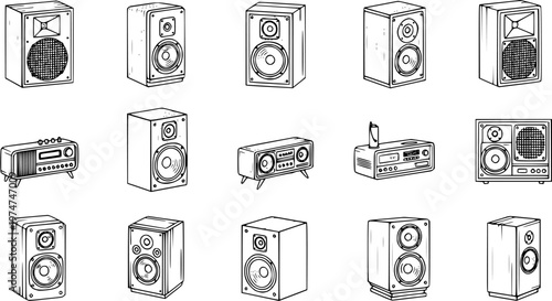 Black and White Line Art Illustration of Various Vintage and Modern Audio Speakers and Radios, Technology Niche