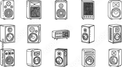 Audio Technology Devices Black  White Line Art Collection. Outline Drawings of Vintage and Modern Speakers, Sound Systems, Radios, and Electronic Audio Equipment.