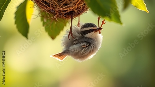 clumsily. A fledgling bird with ruffled feathers falling from its nest. wildlife magazines, conservation campaigns, designed for eco-tourism storytelling, used by food bloggers.