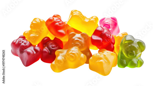 Pile of colorful gummy bear candies isolated on transparent background for design elements.