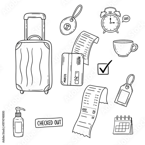 Hotel check out items with luggage alarm clock coffee cup hotel card and receipt indicating expenses for travel lodging and departure.