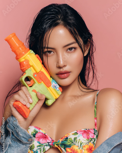 Attractive woman holding colorful water gun with wet hair and floral top posing confidently
