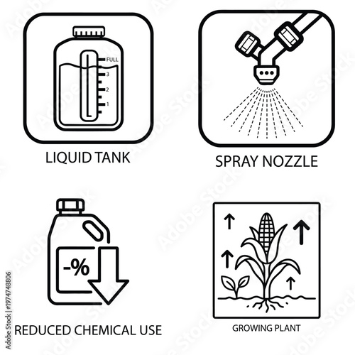 Precision agriculture icon set with liquid tank spray nozzle chemical reduction and crop growth