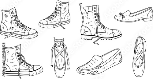 Footwear Fashion Collection: Black and White Hand-Drawn Line Art Sketch of Various Shoes - High-Top Sneakers, Combat Boots, Loafers, and Ballet Flats. Everyday Casual Footwear.