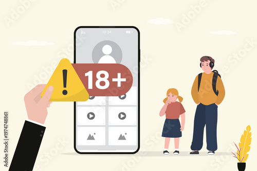 Parental control. Age restriction. Mobile phone with various content, parent hand gives label - 18 plus. Kids looking on smartphone with media content for adults.