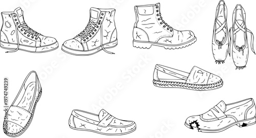 Black and White Line Art Sketch of Diverse Footwear Collection, featuring various types of shoes like boots, sneakers, loafers, espadrilles, and ballet flats, ideal for fashion and apparel designs.