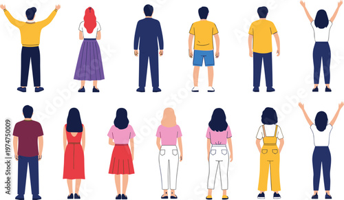 People Back View Character Collection with Diverse Casual Outfits and Different Poses for Crowd Illustration Social Design and Lifestyle Concept Projects