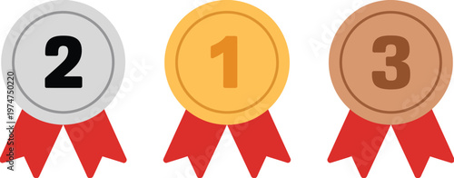 Gold, silver, and bronze medals with ribbons for 1st, 2nd, and 3rd place awards, vector illustration