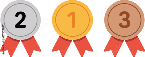 Gold, silver, and bronze medals with ribbons for 1st, 2nd, and 3rd place awards, vector illustration