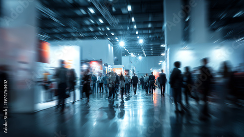 A bustling exhibition hall filled with blurred figures, representing the dynamic atmosphere of a trade show.