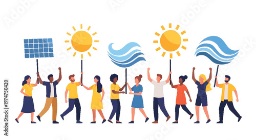People holding signs with sun, waves and solar panel for eco friendly energy