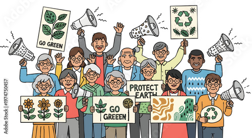 Diverse group of people protesting for environmental protection and sustainability