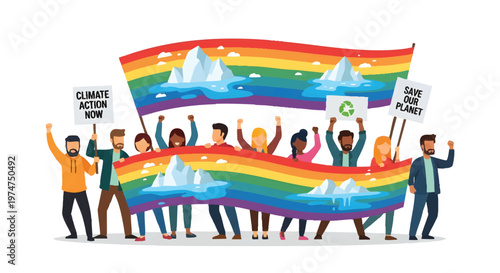 Diverse people holding LGBTQ rainbow flags and climate change protest signs