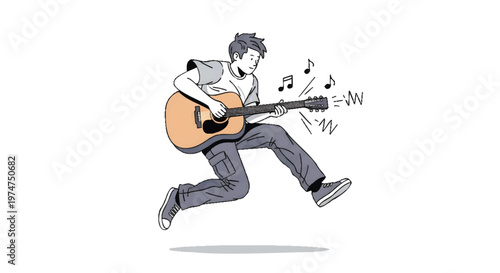 young man playing acoustic guitar while jumping with joy